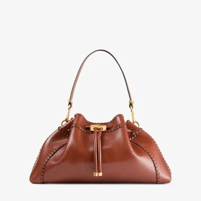 Cinch Medium Cognac Elaphe Printed Leather Shoulder Bag with Biker Leather Whipstitching