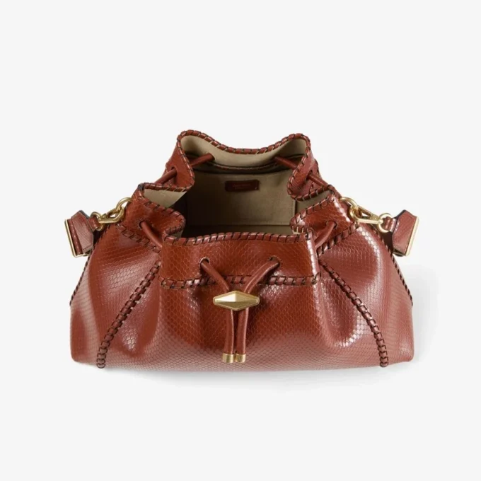Cinch Medium Cognac Elaphe Printed Leather Shoulder Bag with Biker Leather Whipstitching