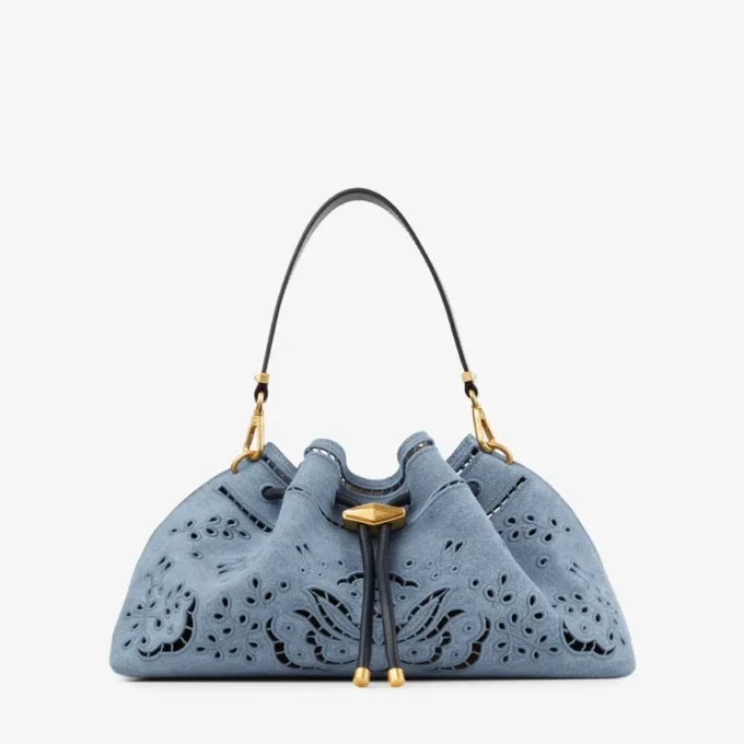 Cinch Medium Denim Shoulder Bag with Sangallo Embroidery