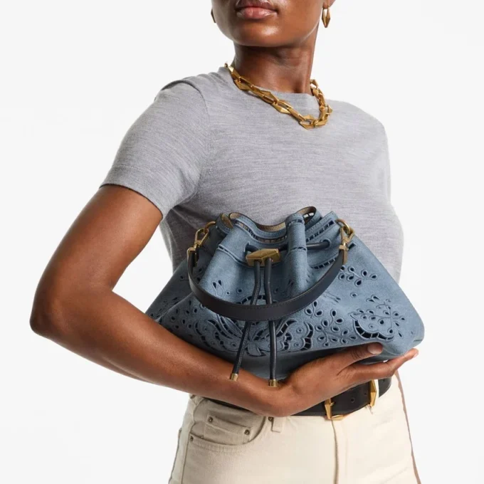 Cinch Medium Denim Shoulder Bag with Sangallo Embroidery