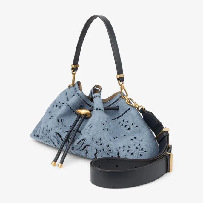Cinch Medium Denim Shoulder Bag with Sangallo Embroidery