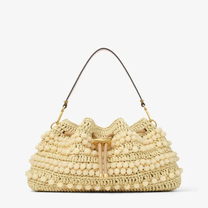 Cinch Medium Natural and Cappuccino Beaded Raffia Bucket Bag with Smooth Calf Leather