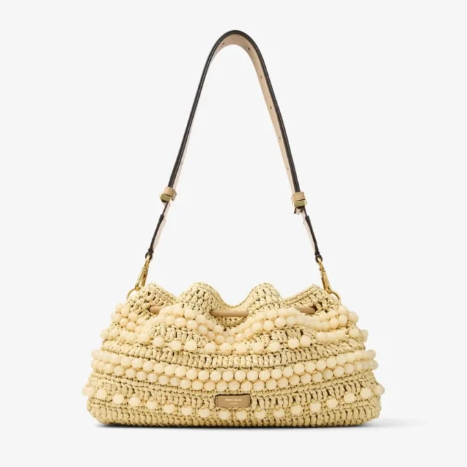 Cinch Medium Natural and Cappuccino Beaded Raffia Bucket Bag with Smooth Calf Leather