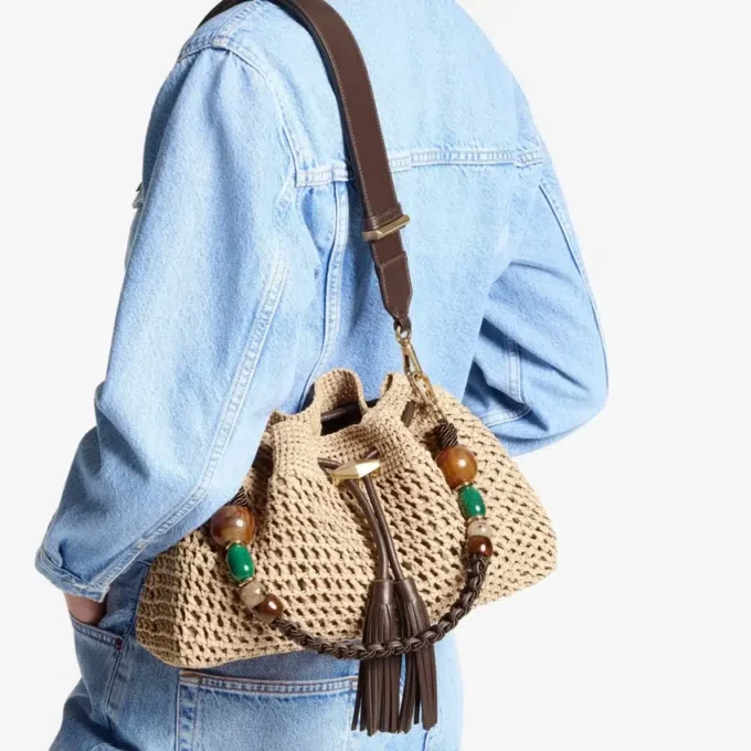 Cinch Medium Natural and Chocolate Crochet Raffia Shoulder Bag with Braided Strap