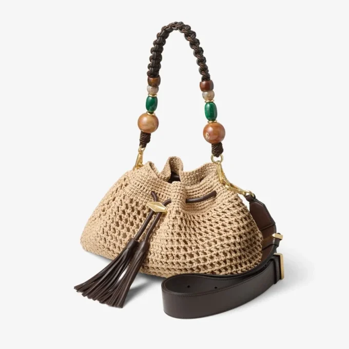 Cinch Medium Natural and Chocolate Crochet Raffia Shoulder Bag with Braided Strap