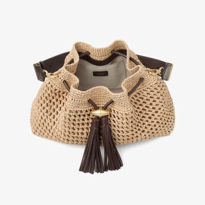 Cinch Medium Natural and Chocolate Crochet Raffia Shoulder Bag with Braided Strap