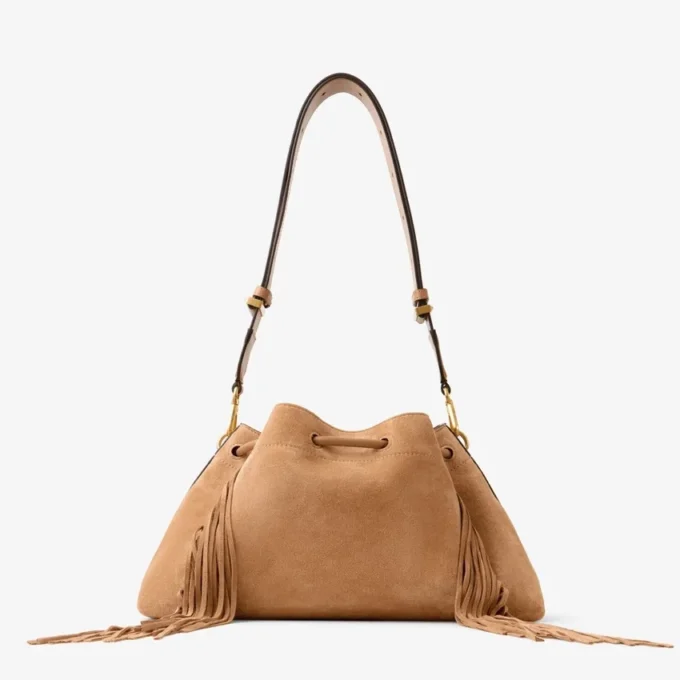 Cinch Medium Toffee Suede Shoulder Bag with Fringes