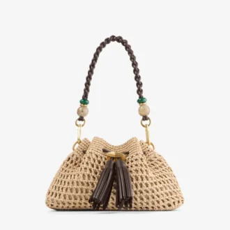Cinch Small Natural and Chocolate Crochet Raffia Shoulder Bag with Braided Strap