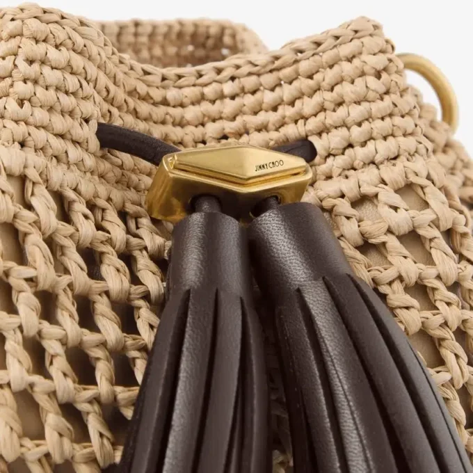 Cinch Small Natural and Chocolate Crochet Raffia Shoulder Bag with Braided Strap