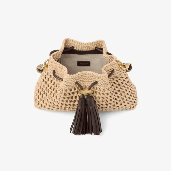Cinch Small Natural and Chocolate Crochet Raffia Shoulder Bag with Braided Strap