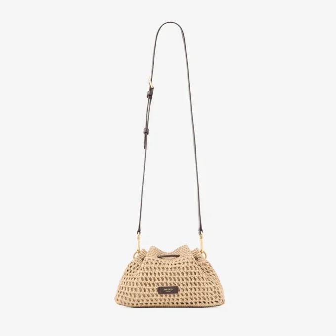 Cinch Small Natural and Chocolate Crochet Raffia Shoulder Bag with Braided Strap