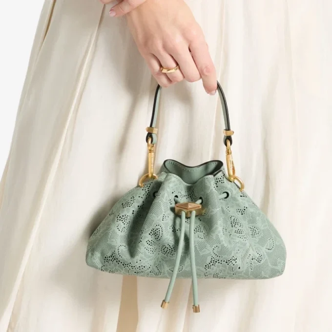 Cinch Small Verde Jimmy Choo Perforated Leather Lace Shoulder Bag