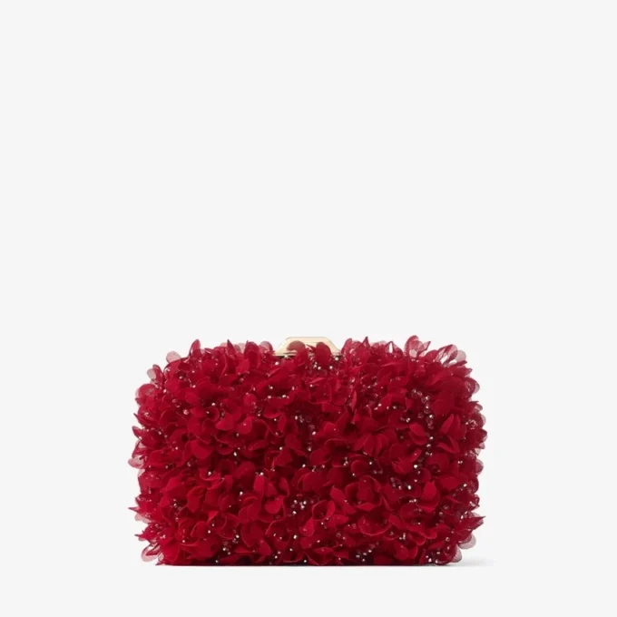 Cloud Ruby Red Satin Clutch Bag with Petal Embroidery