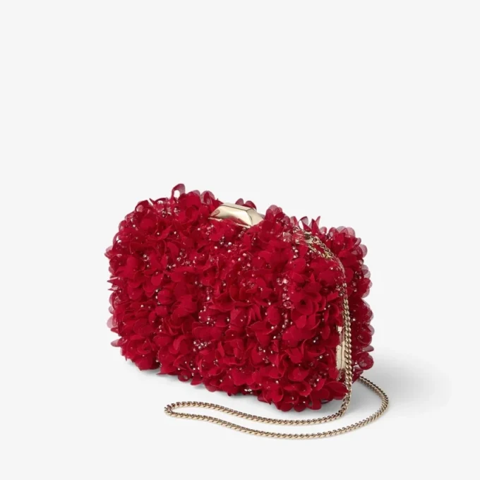 Cloud Ruby Red Satin Clutch Bag with Petal Embroidery