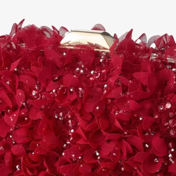 Cloud Ruby Red Satin Clutch Bag with Petal Embroidery