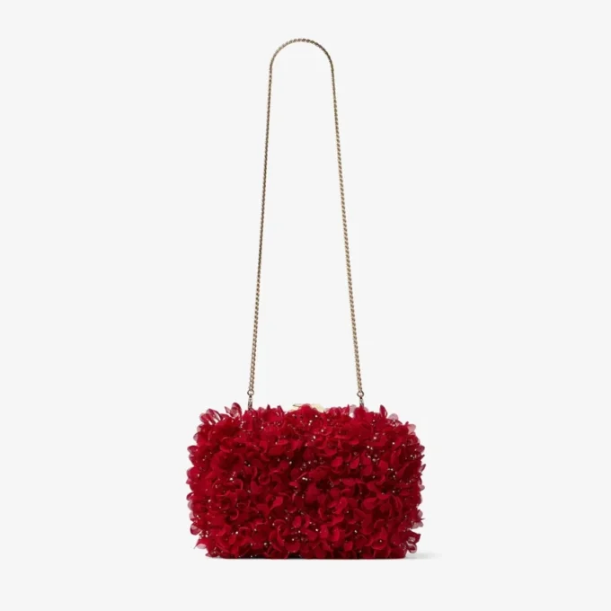 Cloud Ruby Red Satin Clutch Bag with Petal Embroidery