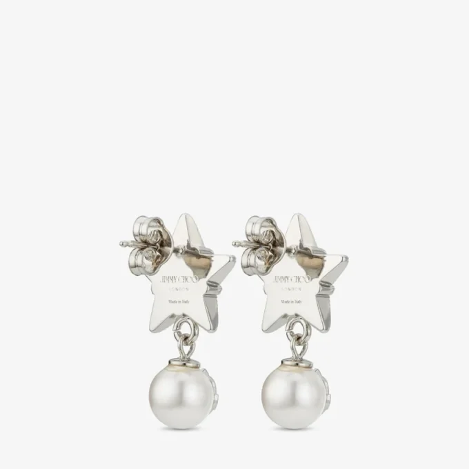 Crystal Star Earrings Silver-Finish Metal Star Earrings with White Resin Pearls and Crystals