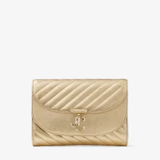 Curve Clutch Shiny Gold Quilted Metallic Leather Clutch with Chain