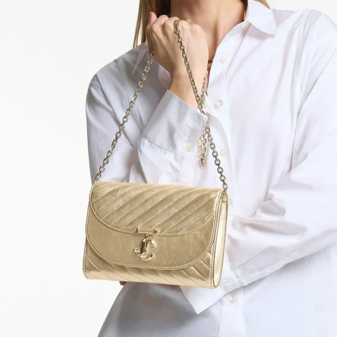 Curve Clutch Shiny Gold Quilted Metallic Leather Clutch with Chain