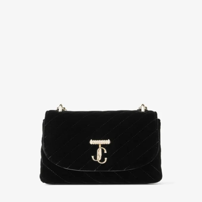 Curve Cross Body Small Black Quilted Velvet Crossbody Bag with Crystal Jc Bar