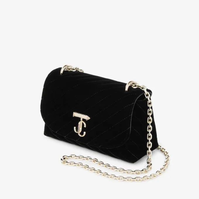 Curve Cross Body Small Black Quilted Velvet Crossbody Bag with Crystal Jc Bar