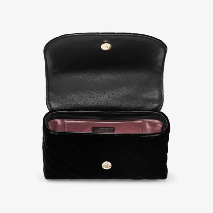 Curve Cross Body Small Black Quilted Velvet Crossbody Bag with Crystal Jc Bar
