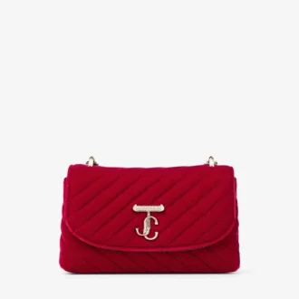 Curve Cross Body Small Ruby Red Quilted Velvet Crossbody Bag with Crystal Jc Bar