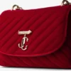 Curve Cross Body Small Ruby Red Quilted Velvet Crossbody Bag with Crystal Jc Bar