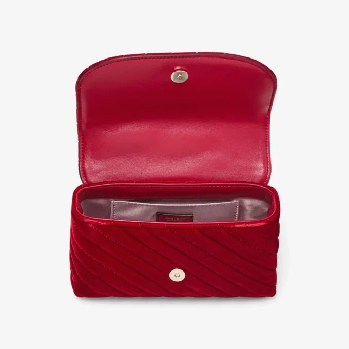 Curve Cross Body Small Ruby Red Quilted Velvet Crossbody Bag with Crystal Jc Bar