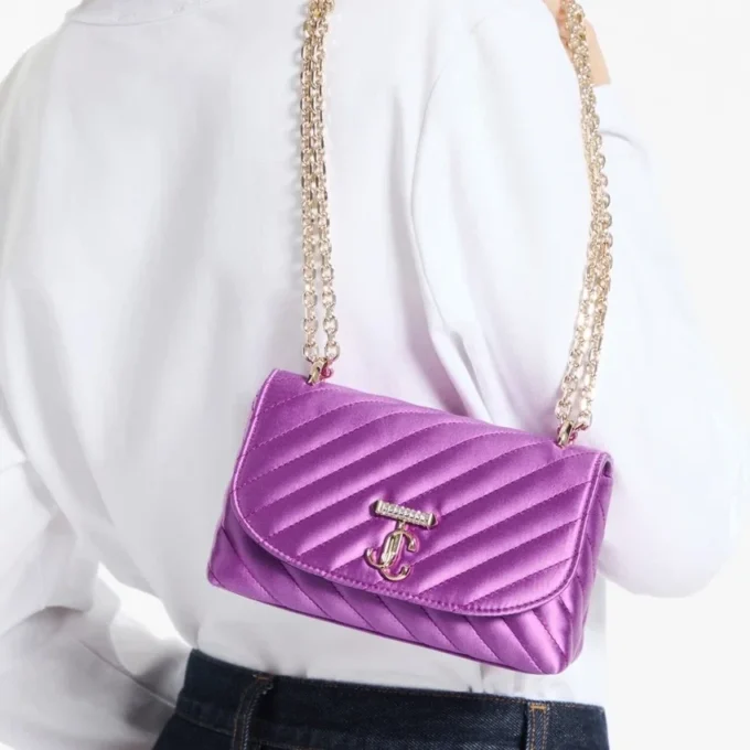 Curve Cross Body Small Violet Orchid Quilted Satin Crossbody with Crystal Jc Bar