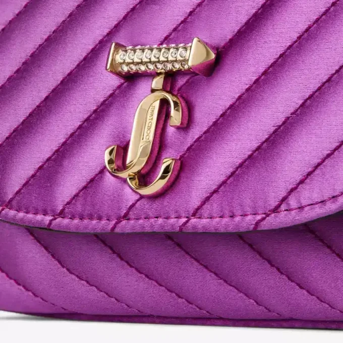 Curve Cross Body Small Violet Orchid Quilted Satin Crossbody with Crystal Jc Bar