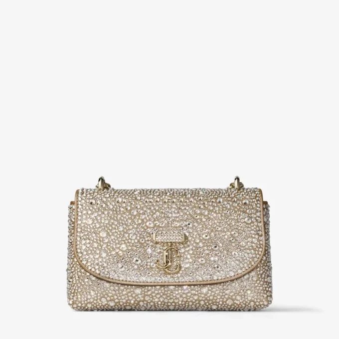 Curve Crossbody Small Gold Shimmer Suede Crossbody Bag with Hotfix Crystals