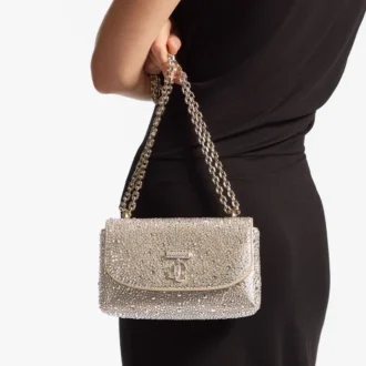 Curve Crossbody Small Gold Shimmer Suede Crossbody Bag with Hotfix Crystals