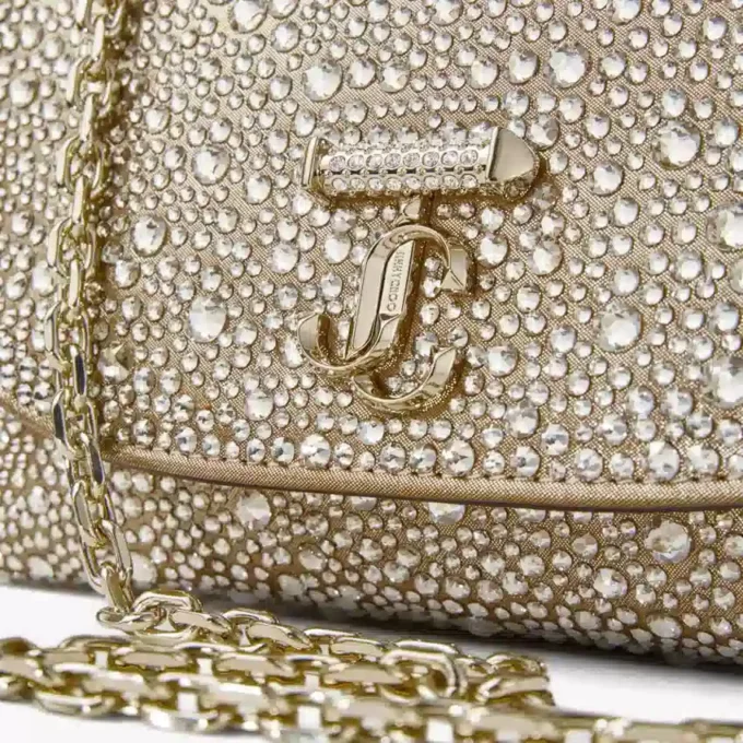 Curve Crossbody Small Gold Shimmer Suede Crossbody Bag with Hotfix Crystals