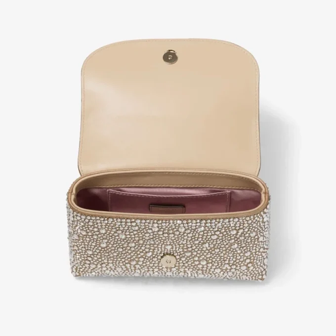 Curve Crossbody Small Gold Shimmer Suede Crossbody Bag with Hotfix Crystals