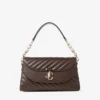 Curve Top Handle Chocolate Quilted Biker Leather Shoulder Bag with Pearl Embellishments