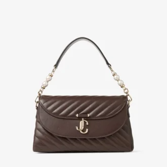 Curve Top Handle Chocolate Quilted Biker Leather Shoulder Bag with Pearl Embellishments