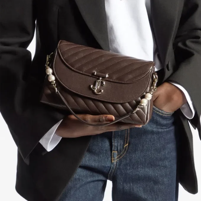 Curve Top Handle Chocolate Quilted Biker Leather Shoulder Bag with Pearl Embellishments