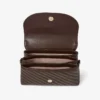 Curve Top Handle Chocolate Quilted Biker Leather Shoulder Bag with Pearl Embellishments