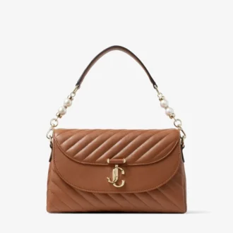 Curve Top Handle Tan Quilted Biker Leather Top Handle Bag with Pearl Detail