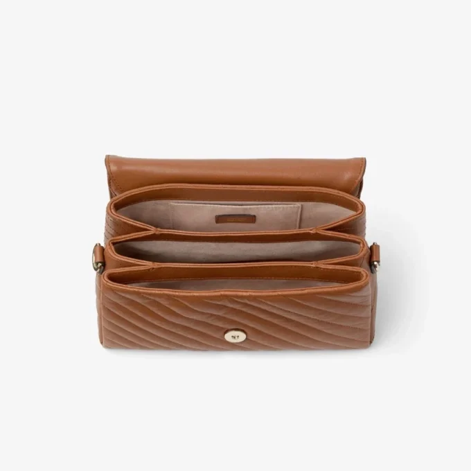 Curve Top Handle Tan Quilted Biker Leather Top Handle Bag with Pearl Detail