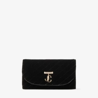 Curve Wallet with Chain Black Quilted Velvet Mini Bag with Crystal Jc Bar