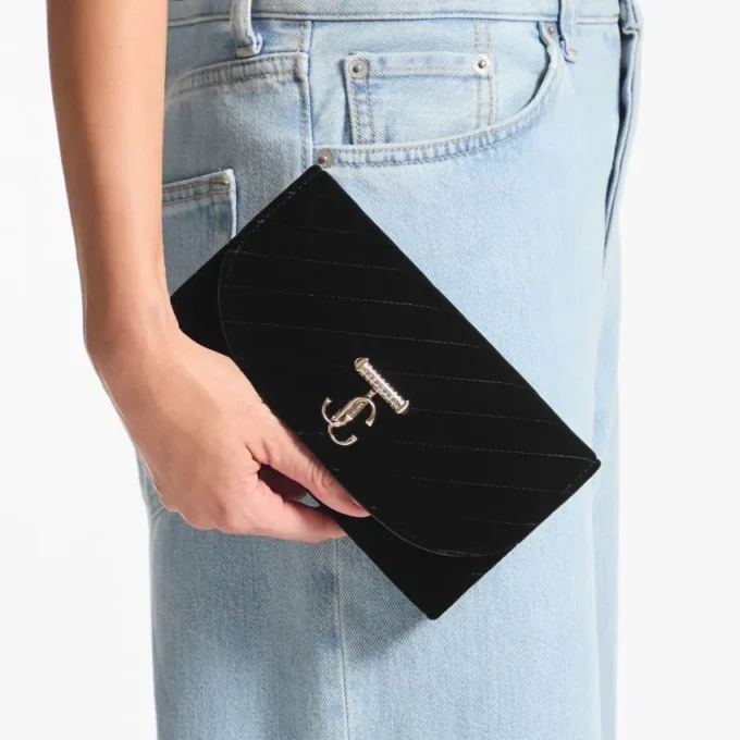 Curve Wallet with Chain Black Quilted Velvet Mini Bag with Crystal Jc Bar