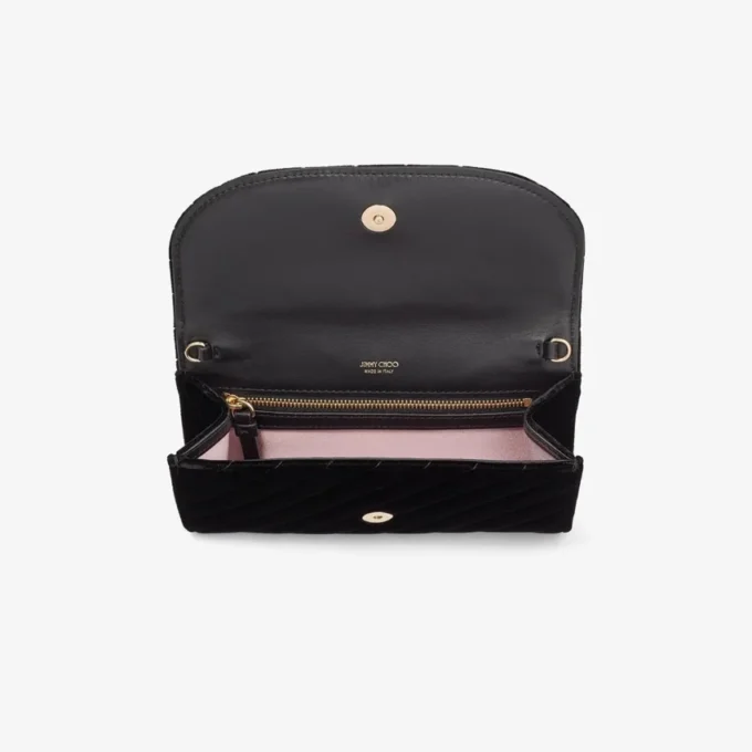 Curve Wallet with Chain Black Quilted Velvet Mini Bag with Crystal Jc Bar