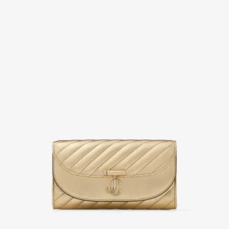 Curve Wallet with Chain Shiny Gold Quilted Metallic Leather Clutch