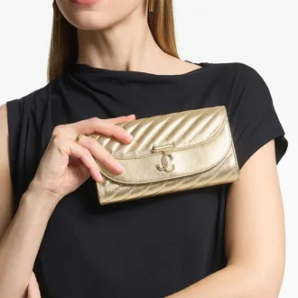 Curve Wallet with Chain Shiny Gold Quilted Metallic Leather Clutch