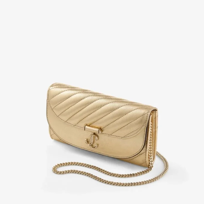 Curve Wallet with Chain Shiny Gold Quilted Metallic Leather Clutch