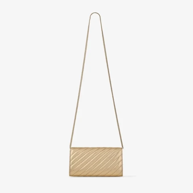 Curve Wallet with Chain Shiny Gold Quilted Metallic Leather Clutch