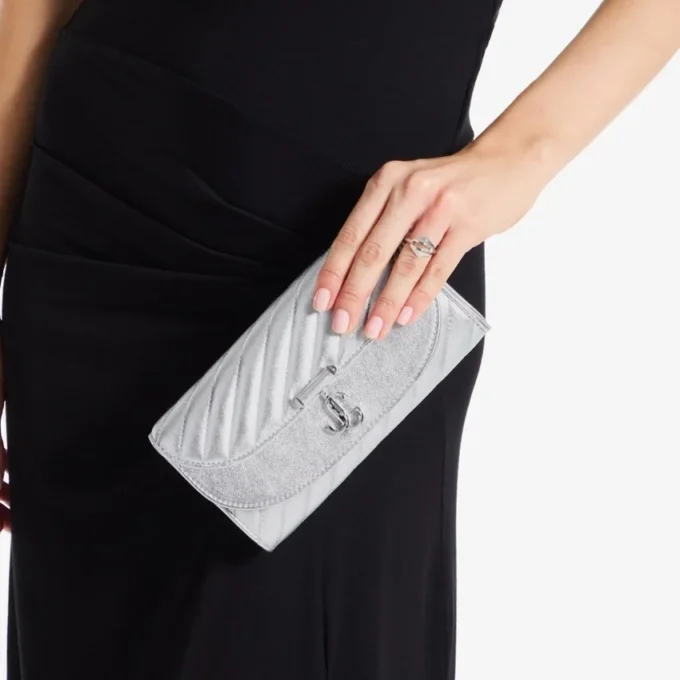 Curve Wallet with Chain Silver Quilted Metallic Nappa Leather Wallet with Chain