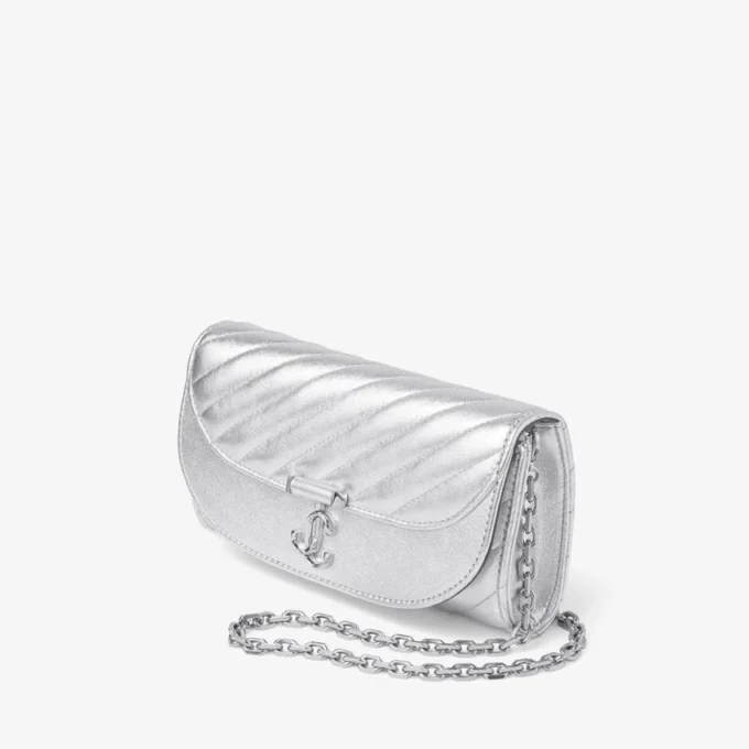 Curve Wallet with Chain Silver Quilted Metallic Nappa Leather Wallet with Chain